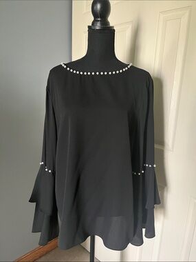 Tahari Black Pearl-Trim Layered Flutter Sleeve Blouse